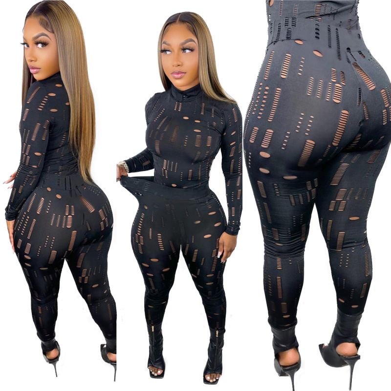 Women Sexy Ripped Turtle Neck Long-Sleeved Solid Color Top And Hollow Out Skinny Pants Set