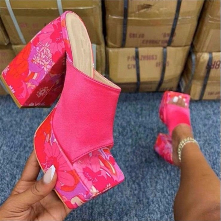 Women Fashion Exaggerated Plus Size Dairy Print Platform Chunky Heel Square Toe High Heel Slippers