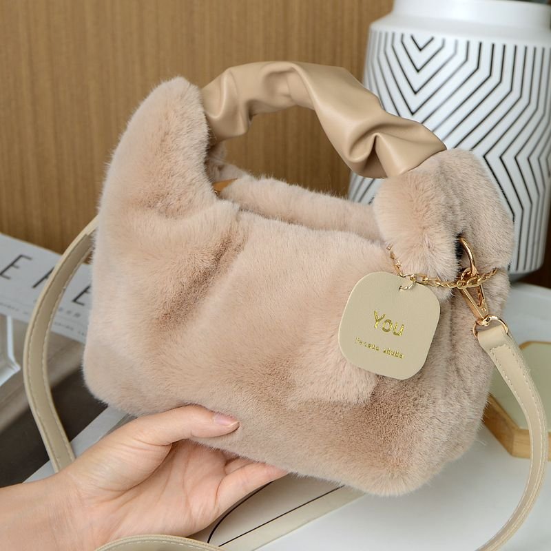 Autumn Winter Women Fashion Solid Color Plush Chain Handle Shoulder Bag