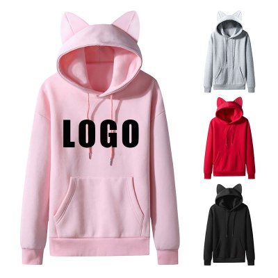 Women Casual Solid Color Fleece-Lined Cat Ear Design Custom Hoodie