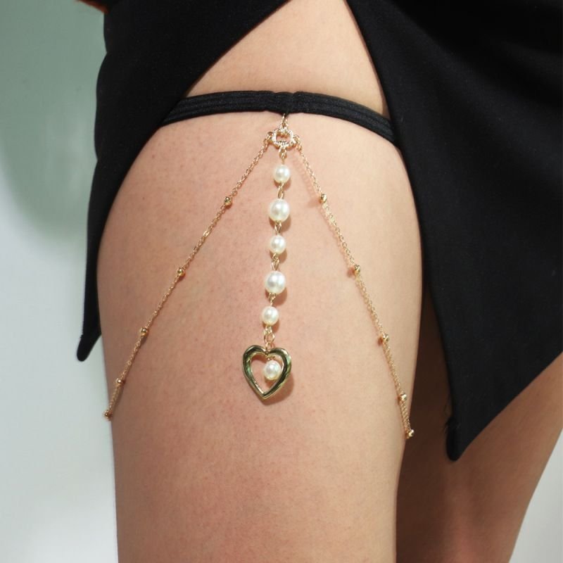 Women Fashion Sexy Multi-Layer Imitation Pearls Hollow Heart Tassel Thigh Body Chains