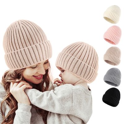 Autumn Winter Simple Solid Color Warm Knitted Wool Parent Hat