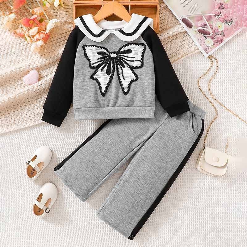 Kids Toddler Girls Casual Cute Bow Long Sleeve Peter Pan Collar Sweatshirts Trousers Sets