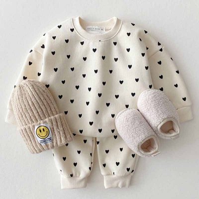 Kids Baby Boys Girls Casual Cute Hearts Print Long Sleeve Sweatshirts Trousers Sets