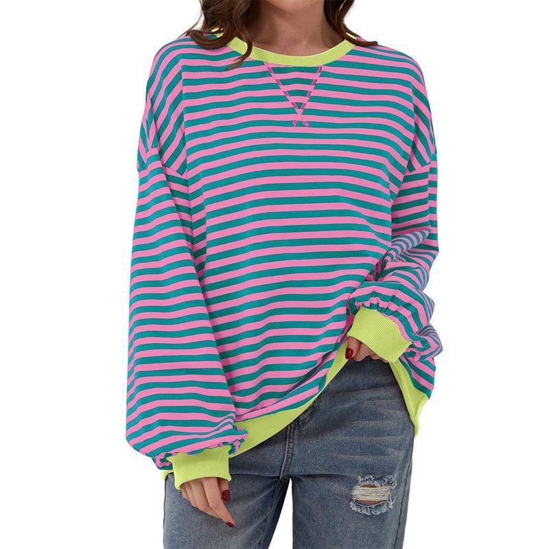 Women Fashion Stripe Print Round Neck Long Sleeve Sweatshirt