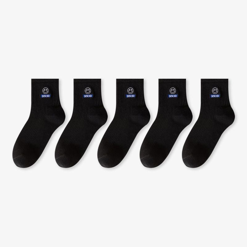 Men Simple Smiley Letter Embroidered Breathable Socks 5 Pair-Pack