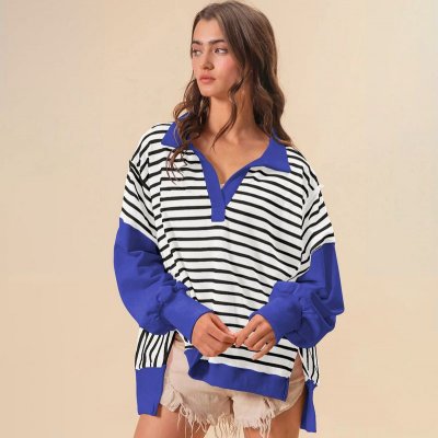 Women Fashion Loose Striped Print Lel Long Sleeve Sweatshirt