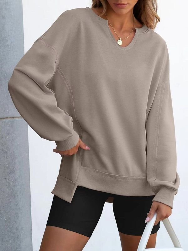 Autumn Winter Women Fashion Solid Color Loose Irregular Hem Long Sleeve Sweatshirt