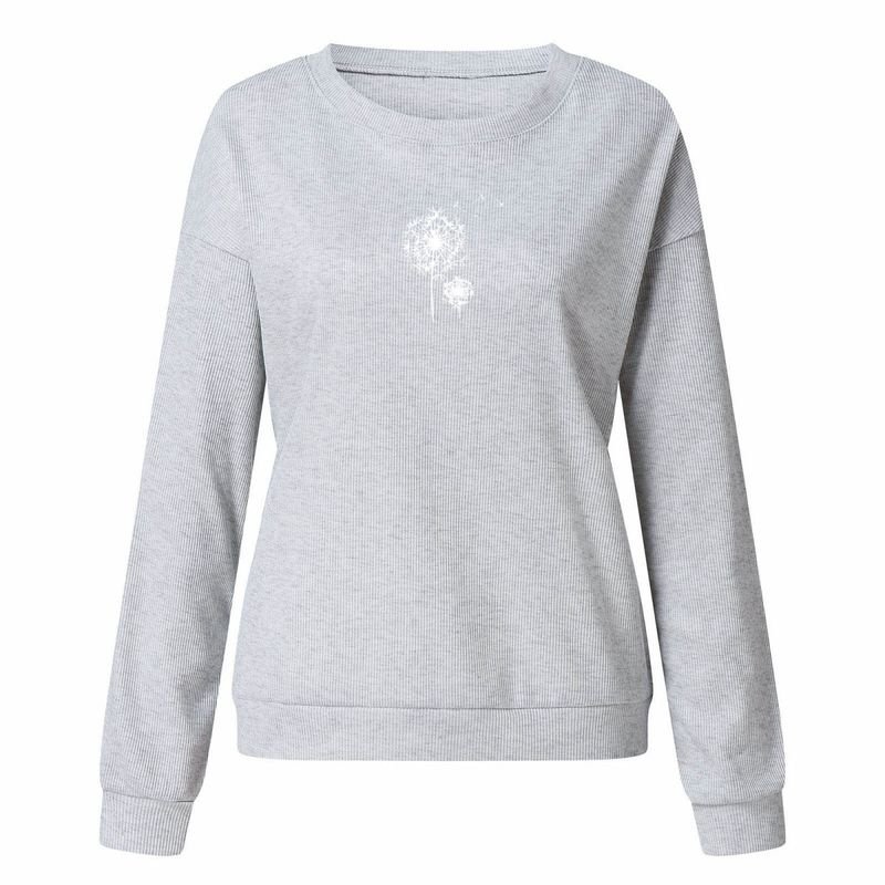 Women Fashion Letter Dandelion Floral Print Crewneck Long Sleeve Sweatshirt