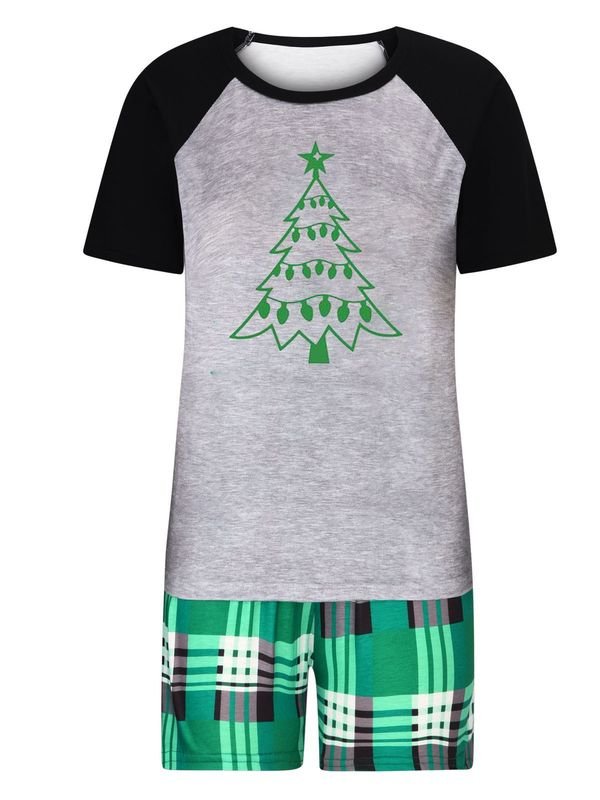 Simple Cartoon Christmas Tree Print Round Neck Short-Sleeved Top Shorts Home Parent-Child Pajamas Set