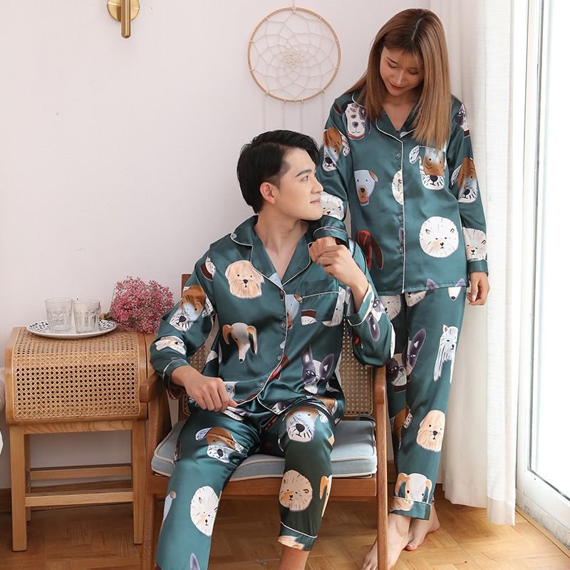 Summer Ice Silk Pajamasfashion Cute Animal Cartoon Printed Couple Homewear Loungewear Sleepwear