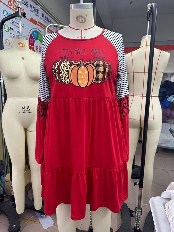 Thanksgiving Women Fashion Cartoon Pumpkin Stripe Print Dress