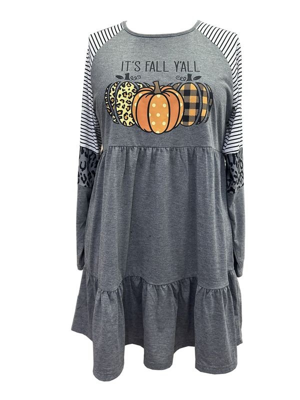 Thanksgiving Women Fashion Cartoon Pumpkin Stripe Print Dress