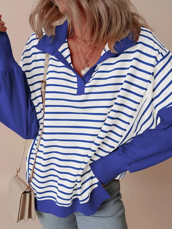 Women Fashion Loose Striped Print Lel Long Sleeve Sweatshirt