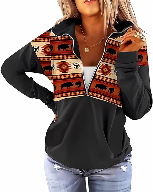 Women Fashion Geometric Print Half Zip Long Sleeve Sweatshirt