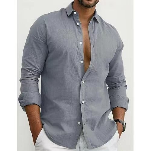 Men Fashion Casual Basic Solid Color Plus Size Long Sleeve Lapel Shirt