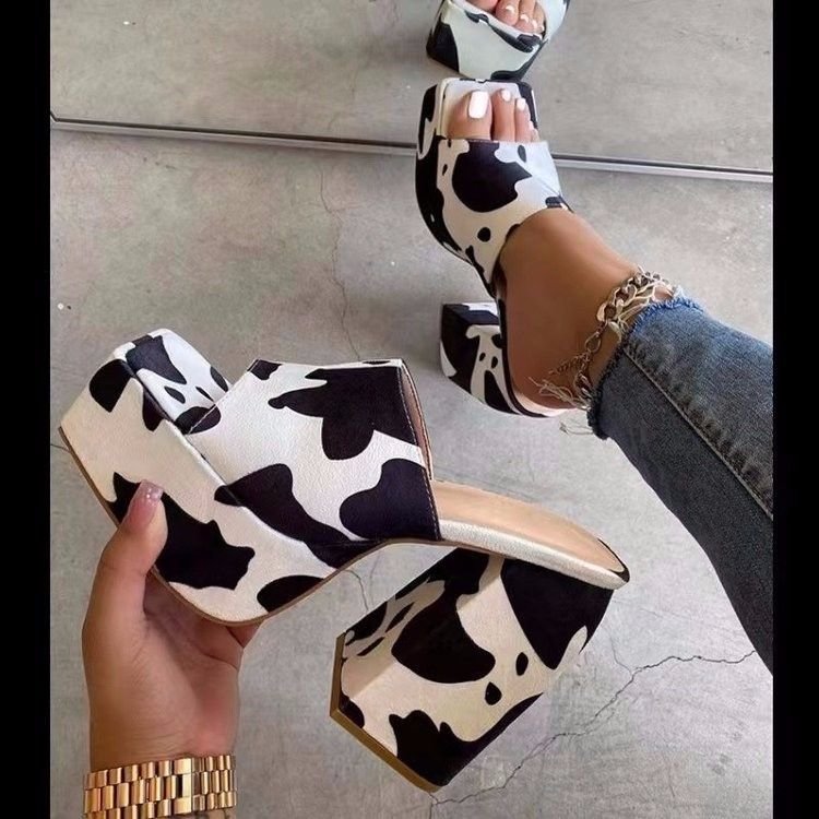 Women Fashion Exaggerated Plus Size Dairy Print Platform Chunky Heel Square Toe High Heel Slippers