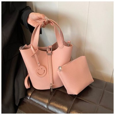 Women Fashionable Solid Color Large Capacity PU Handle Bucket Bag