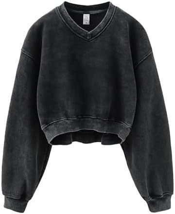 Autumn And Winter Vintage Washed Fleece-Lined V-Neck Sweatshirt Women Top Custom