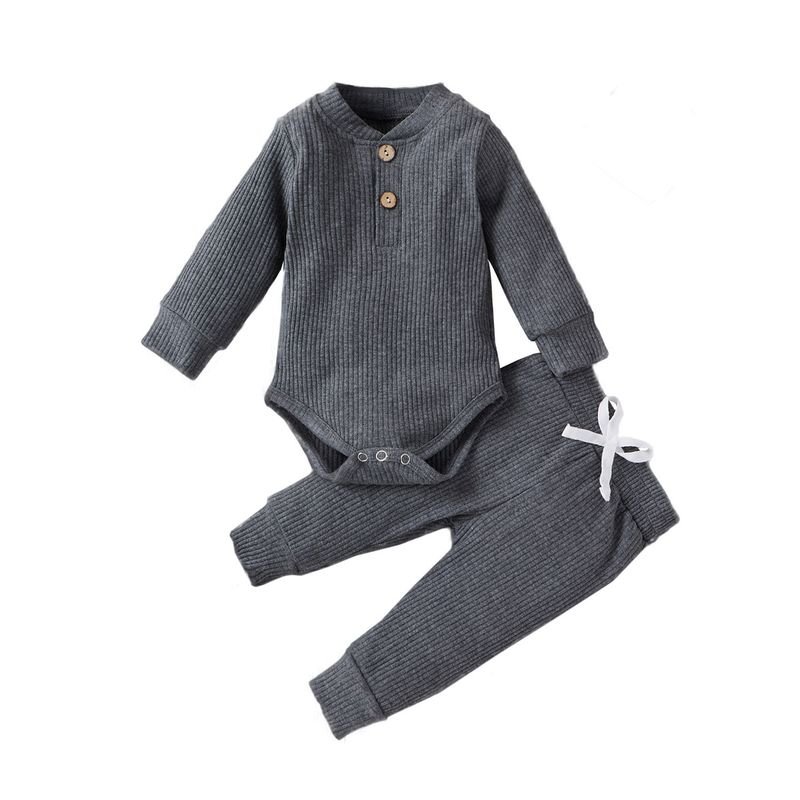 Kids Baby Boys Girls Casual Cute Solid Color Rib-Knit Long-Sleeved Romper Trousers Sets