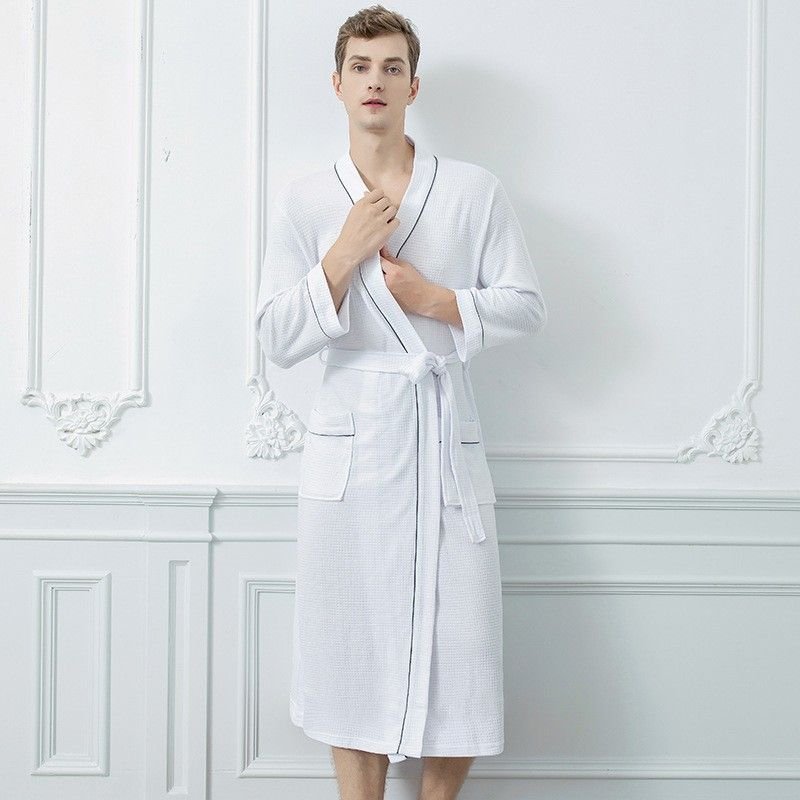 Couples Spring Autumn Fashion Casual Home Solid Color Waffle V Neck Long Sleeve Robes Sleepwear