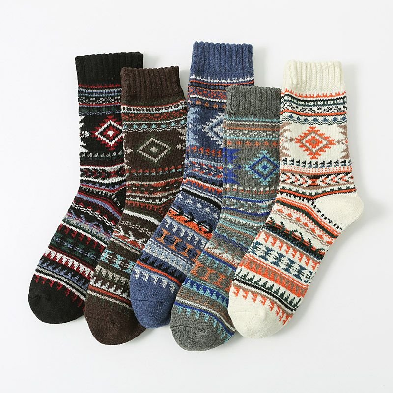 Autumn Winter Men Retro Ethnic Style Diamond Corrugated Thick Warm Socks