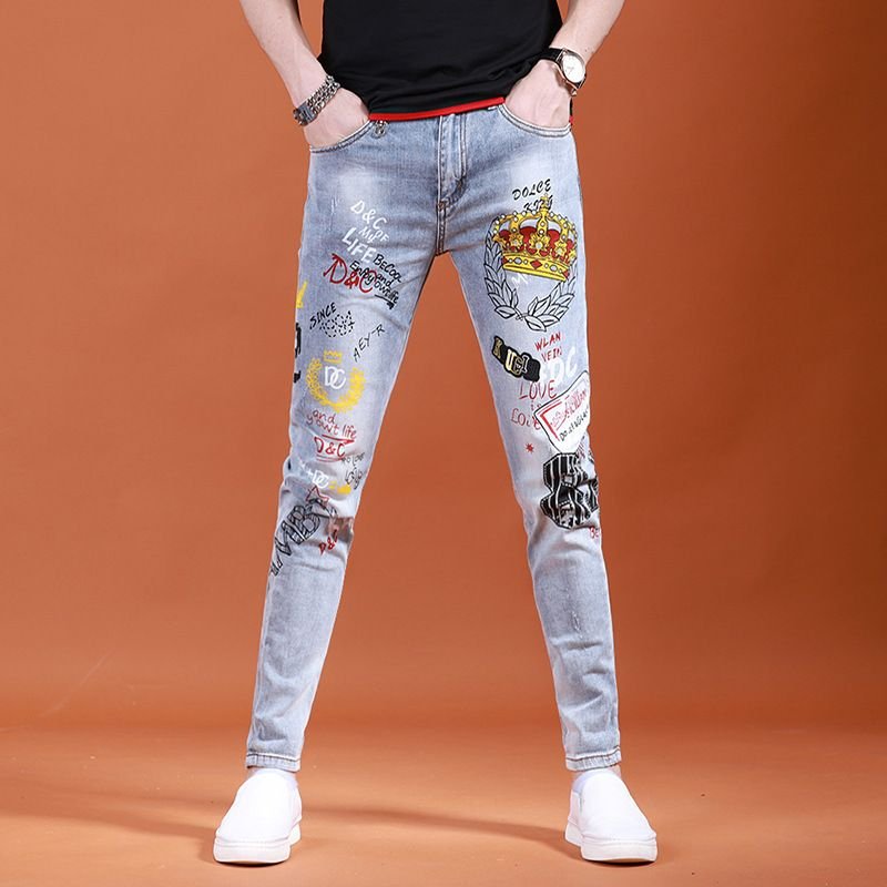 Men Casual Printed Solid Color Slight-Elasticity Skinny Jeans