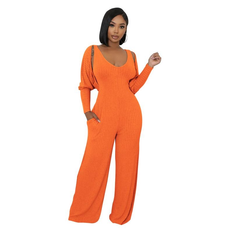 Women Fashion Solid Color Deep V Sleeveless Wide Leg Jumpsuits Long Sleeve Shawl Set