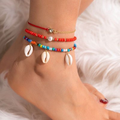 Summer Women Bohemian Style Rice Beads Beaded Shell Starfish Pearl Foot Chain Set