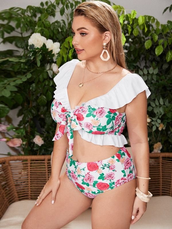 Women Fashion Sexy Plus Size Floral Print Strap Swimsuit Set