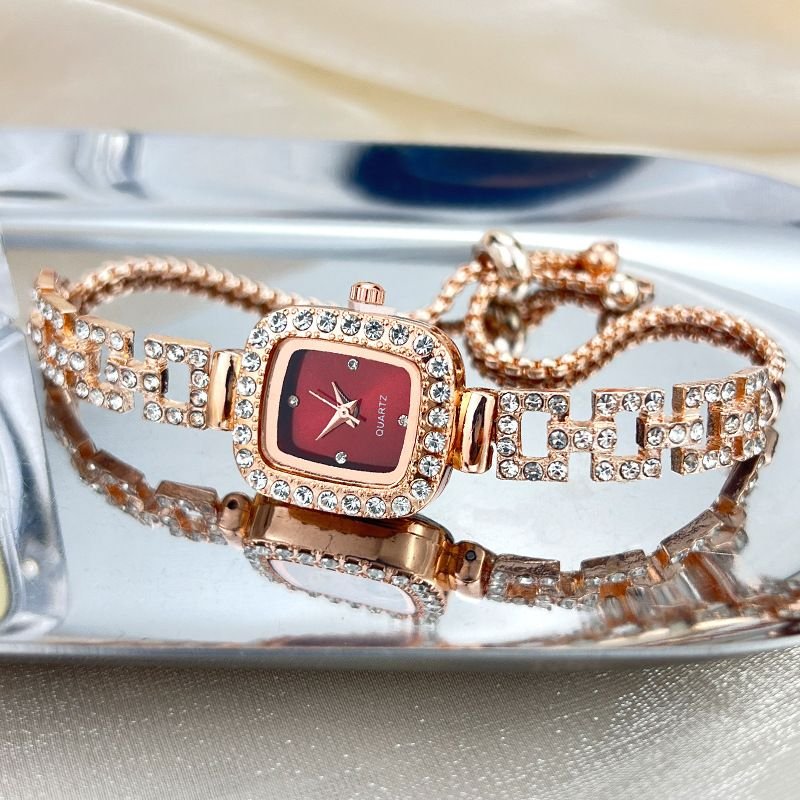 Women Fashion Square Dial Diamond Pull-Out Bracelet Watch