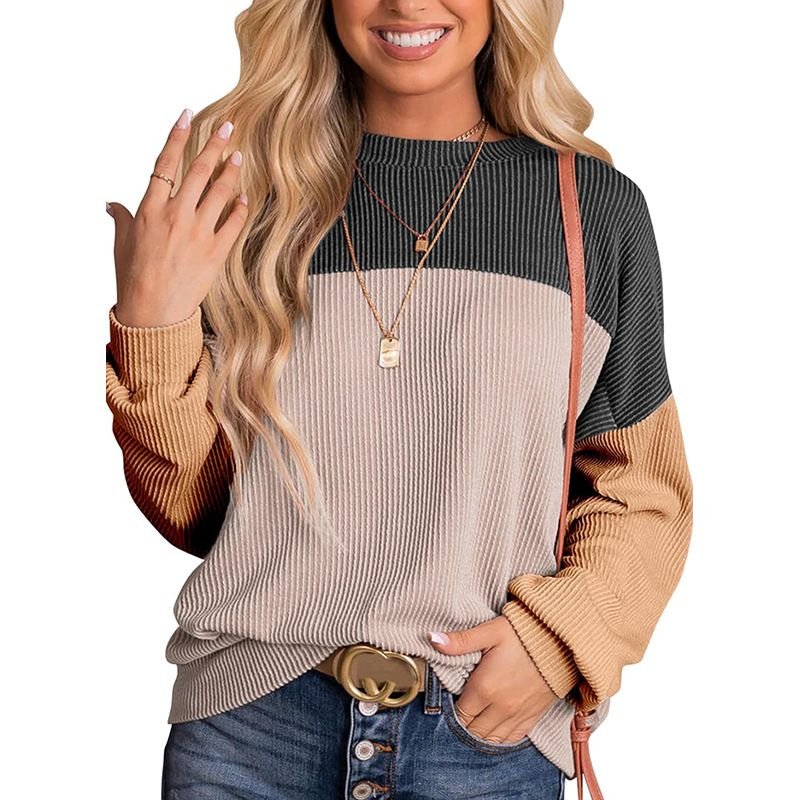 Women Fashion Casual Stripe Color Matching Round Neck Long Sleeve Sweatshirt