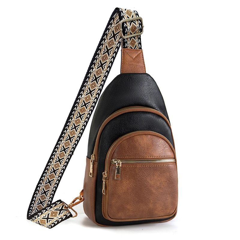 Women Fashion Retro Multi-Layer Zipper PU Jacquard Shoulder Strap Chest Bag