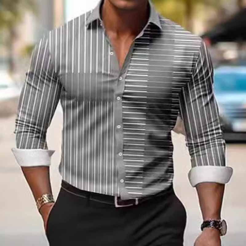 Men Fashion Casual Basic Stripe Print Plus Size Long Sleeve Lapel Shirt